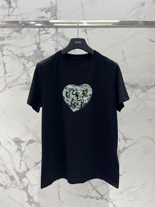 Heart pattern glitter print short sleeves