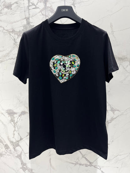 Heart pattern glitter print short sleeves