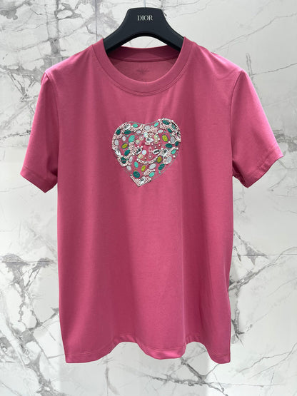 Heart pattern glitter print short sleeves