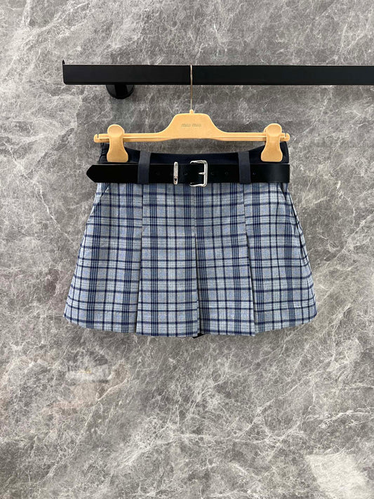 Check pleated skirt+belt