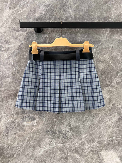 Check pleated skirt+belt