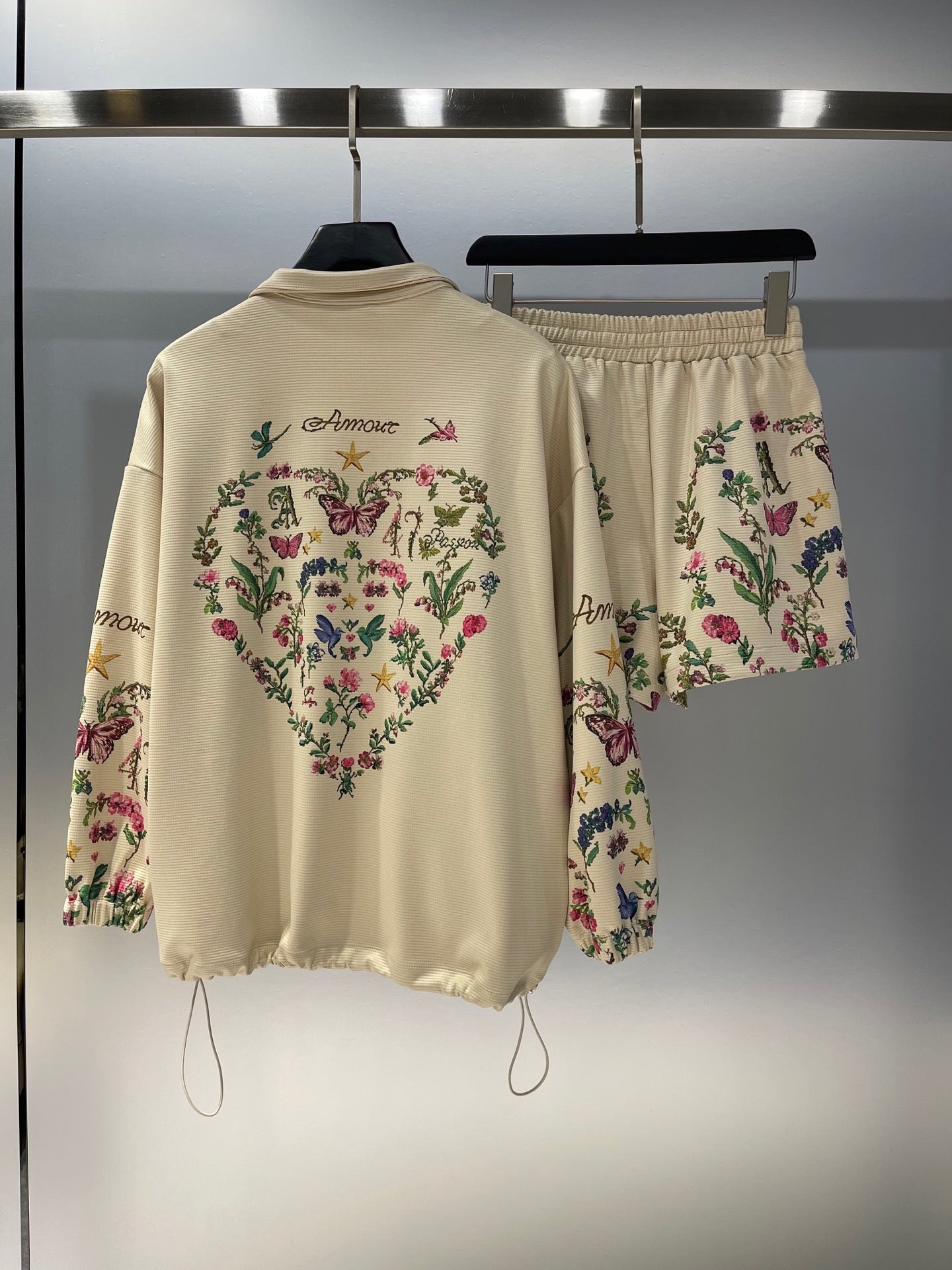 New Plant Floral Print Zipper Top + Casual Shorts Set