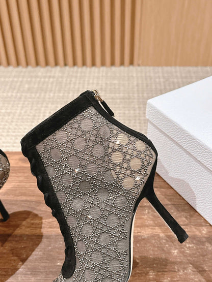 Rhinestone mesh tribales celebrity model series back zipper high heel boots