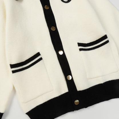 Colorblocked Striped Small Label Embroidered Lapel Cardigan Sweater