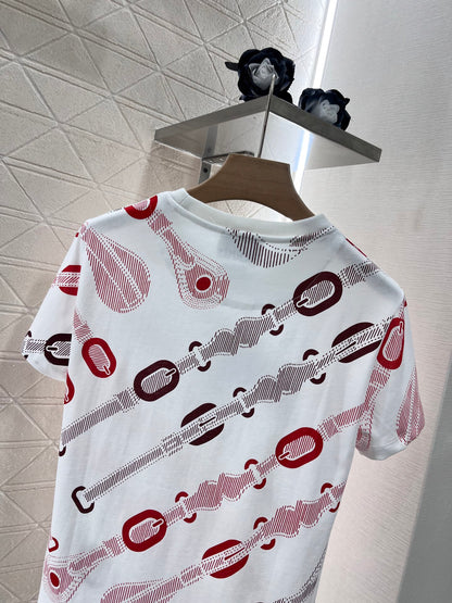 Round neck chain button print short sleeves