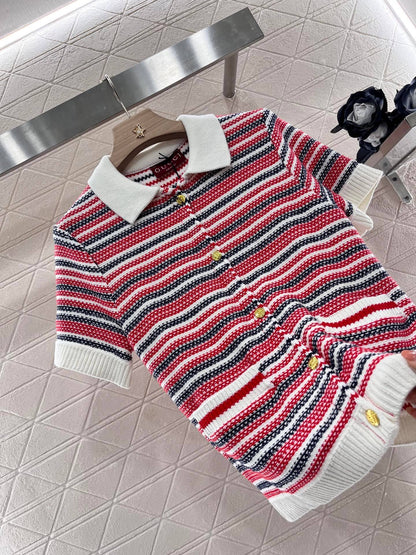 Striped Knit Short Sleeve Cardigan