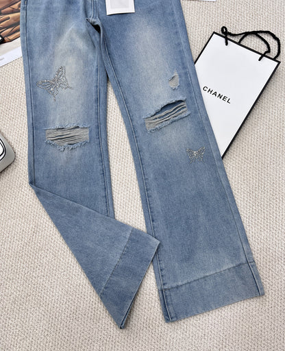 Rhinestone Ripped Micro Flare Jeans