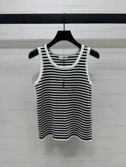 Lettering embroidered striped knitted vest