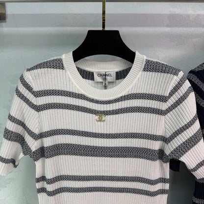 Striped knit short-sleeved crew neck top