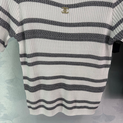 Striped knit short-sleeved crew neck top