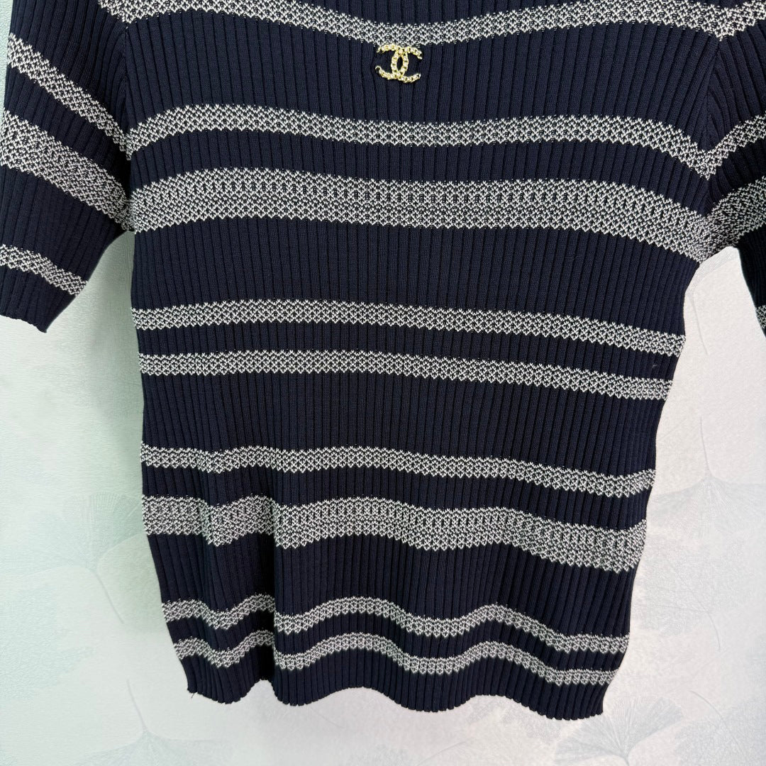 Striped knit short-sleeved crew neck top