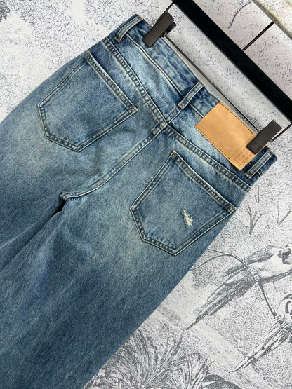 Drawstring ripped wide-leg straight high-waisted slim jeans