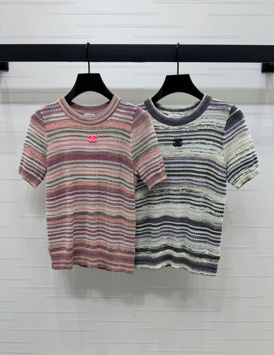 Contrast striped crew neck knit short sleeves