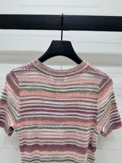 Contrast striped crew neck knit short sleeves