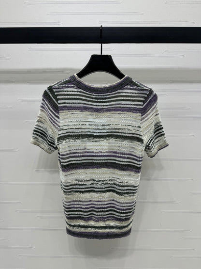 Contrast striped crew neck knit short sleeves