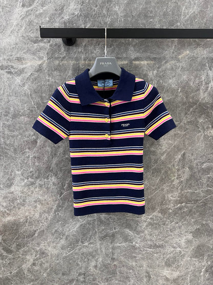 Colorful striped knitted polo collar short-sleeved top