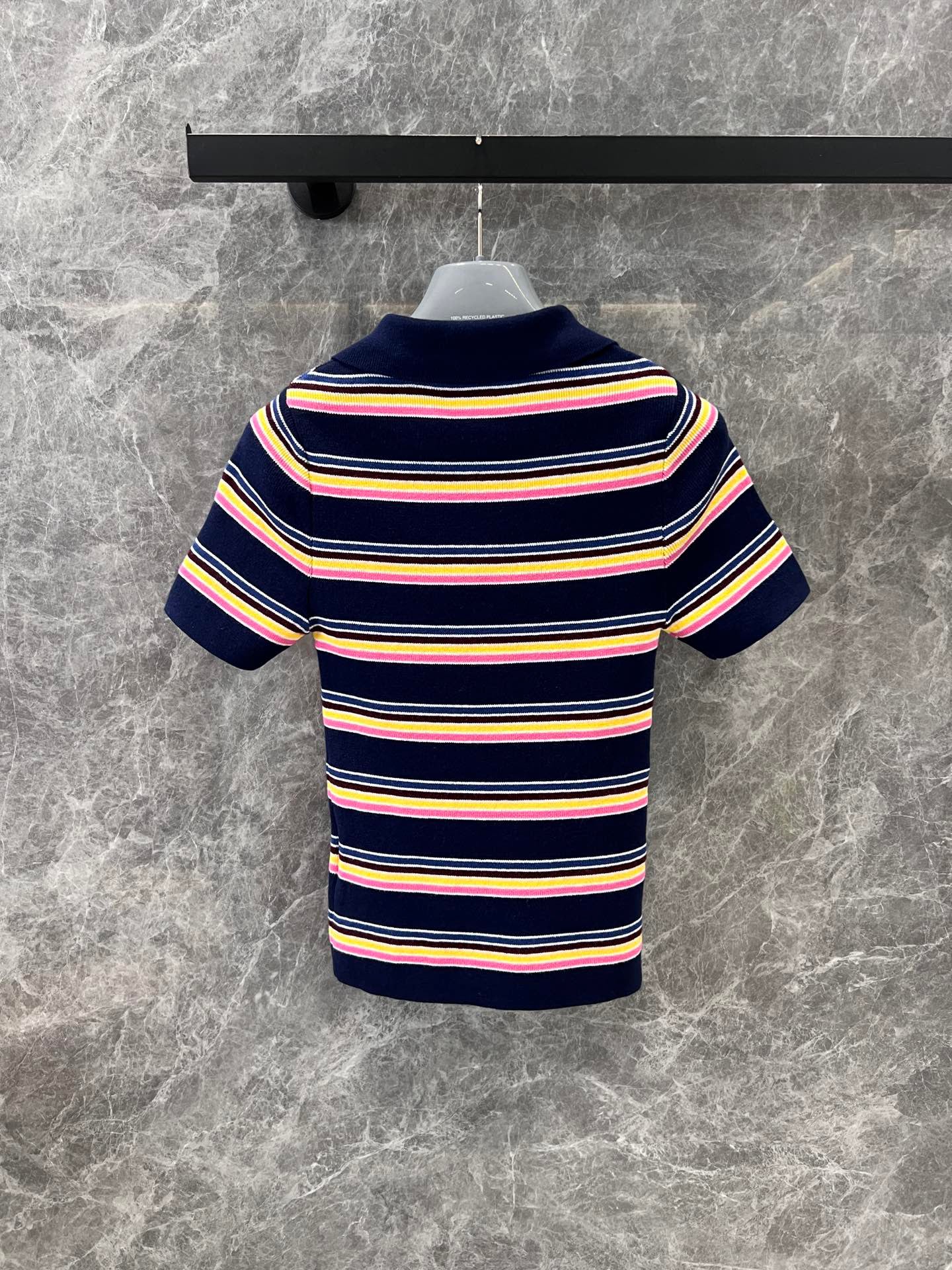 Colorful striped knitted polo collar short-sleeved top