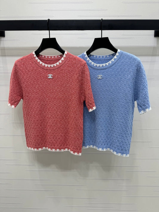 Contrast color crew neck knit short sleeves