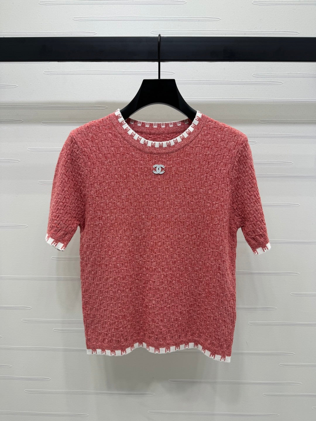 Contrast color crew neck knit short sleeves