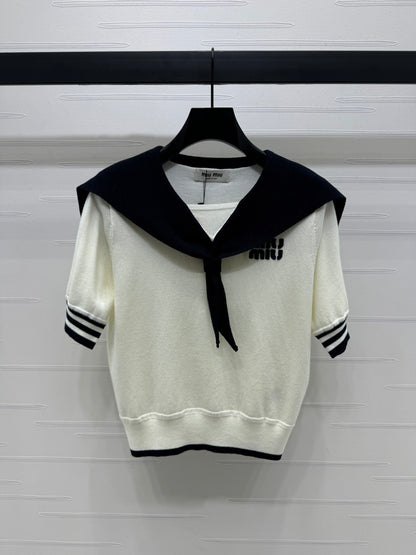 Navy Shawl Knit Short Sleeves