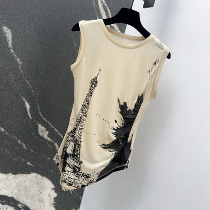 Spring and summer new arrival Eiffel Tower printed irregular sleeveless vest