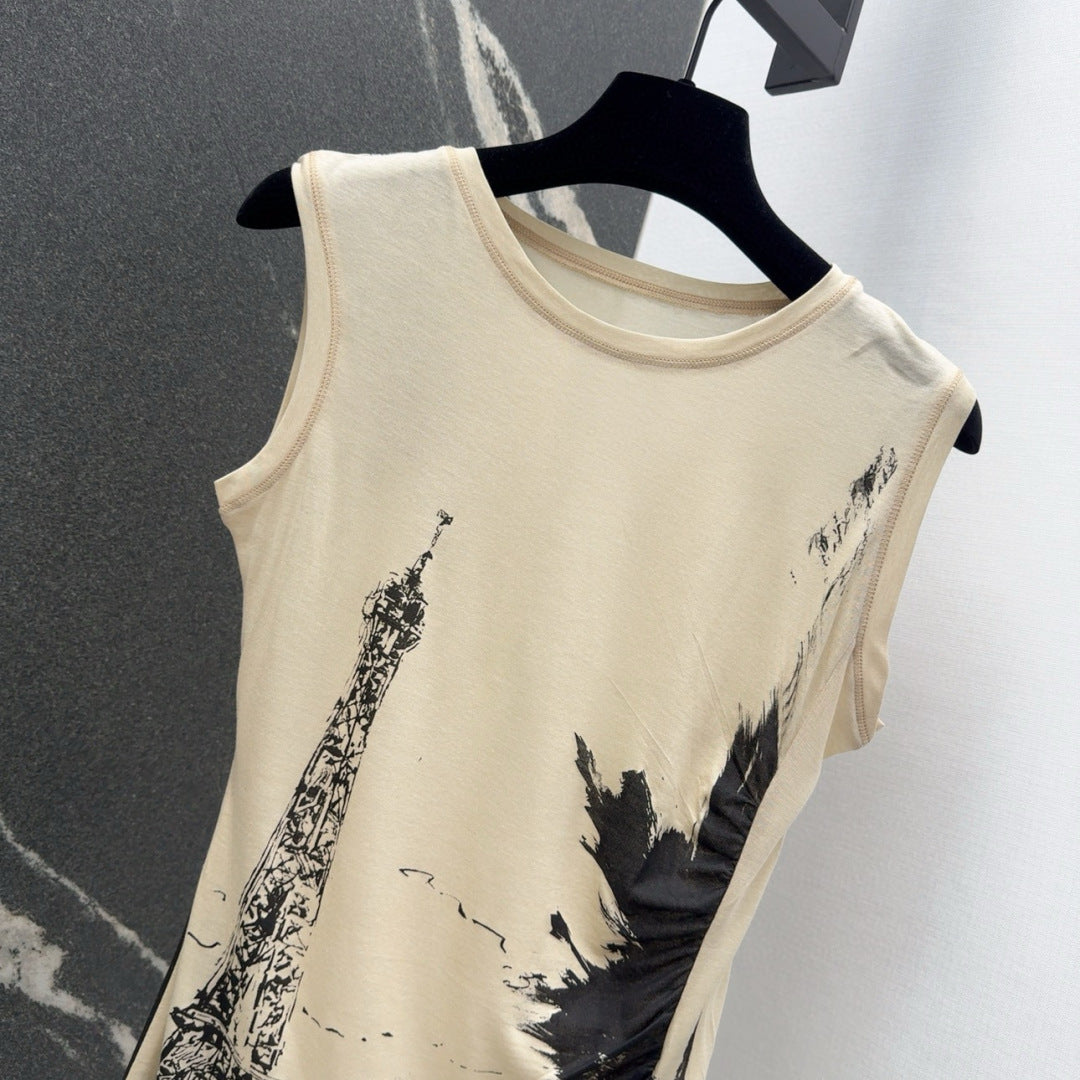 Spring and summer new arrival Eiffel Tower printed irregular sleeveless vest