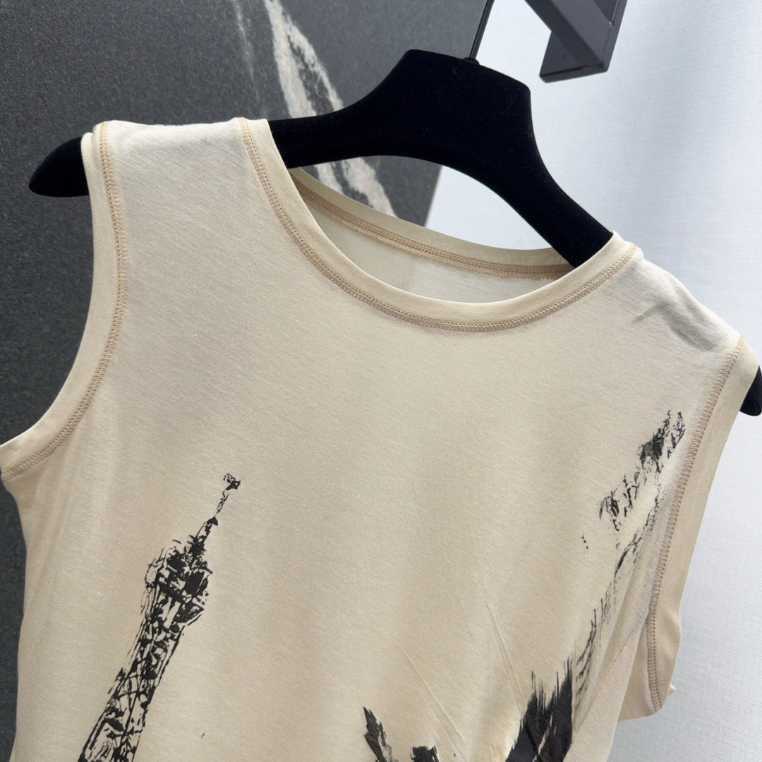 Spring and summer new arrival Eiffel Tower printed irregular sleeveless vest