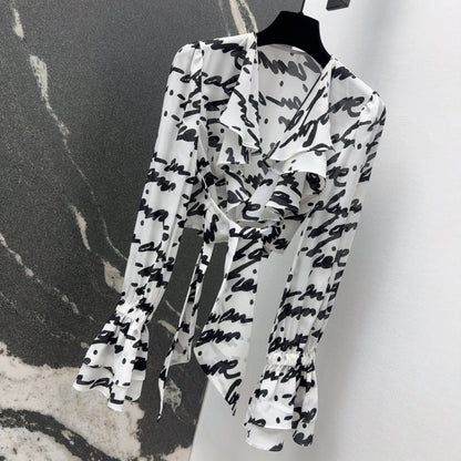 Early spring new classic black and white contrast silk short shirt