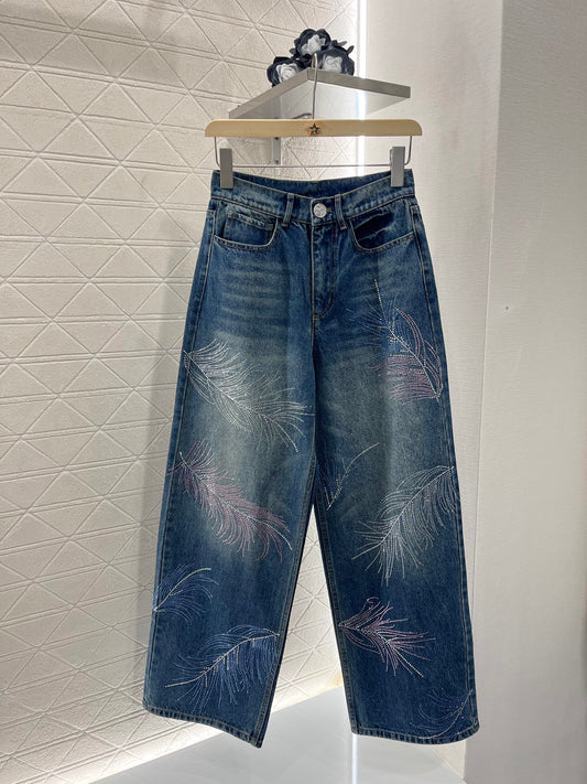 Feather rhinestone rubbed color wide-leg jeans