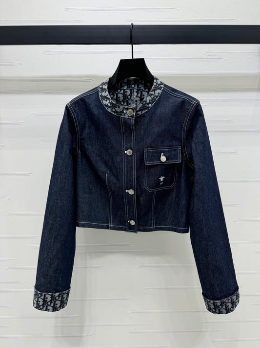 Jacquard panel round neck denim jacket