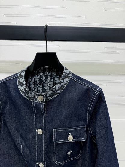 Jacquard panel round neck denim jacket