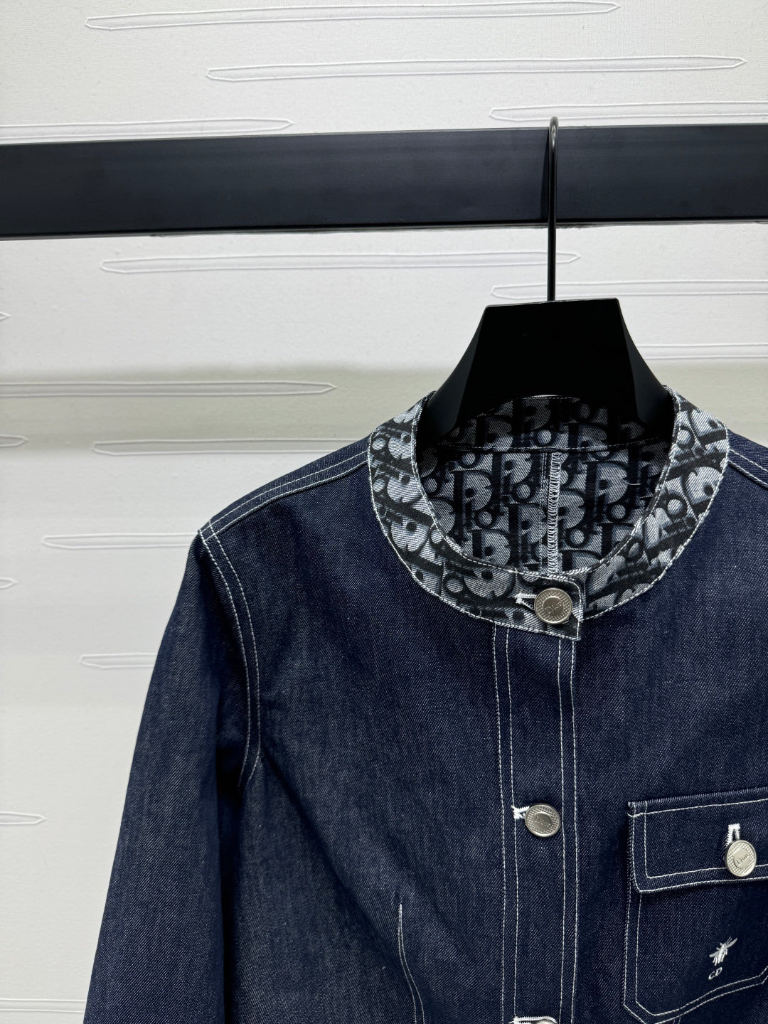 Jacquard panel round neck denim jacket