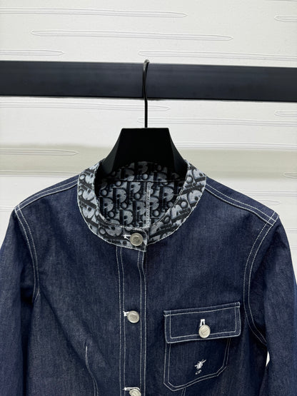 Jacquard panel round neck denim jacket