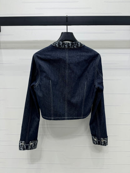 Jacquard panel round neck denim jacket