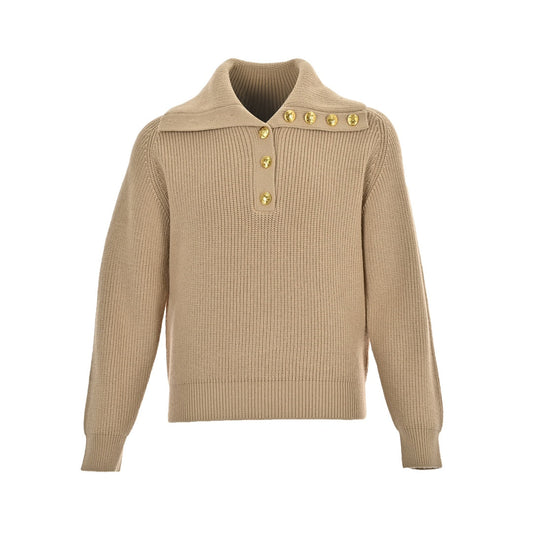 Single-breasted gold button lapel women's sweater