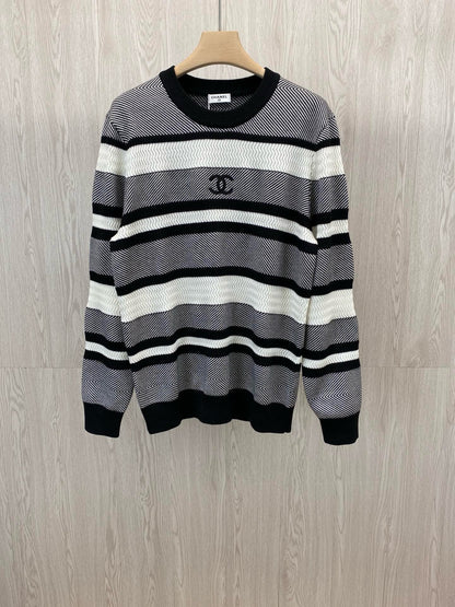 Double CC logo embroidered striped knitted pullover sweater